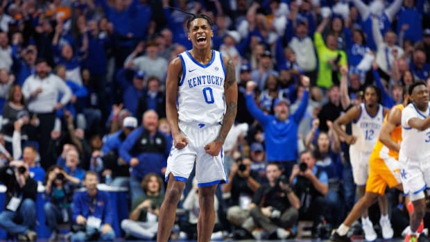 Feb 3, 2024; Lexington, Kentucky, USA; Kentucky Wildcats guard Rob Dillingham (0) celebrates a basket during the first half against the Tennessee Volunteers at Rupp Arena at Central Bank Center. Mandatory Credit: Jordan Prather-USA TODAY Sports